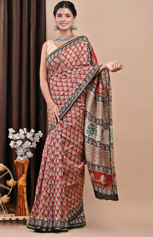 Traditional Hand Block Print Chanderi Silk Saree (CHSAR32)